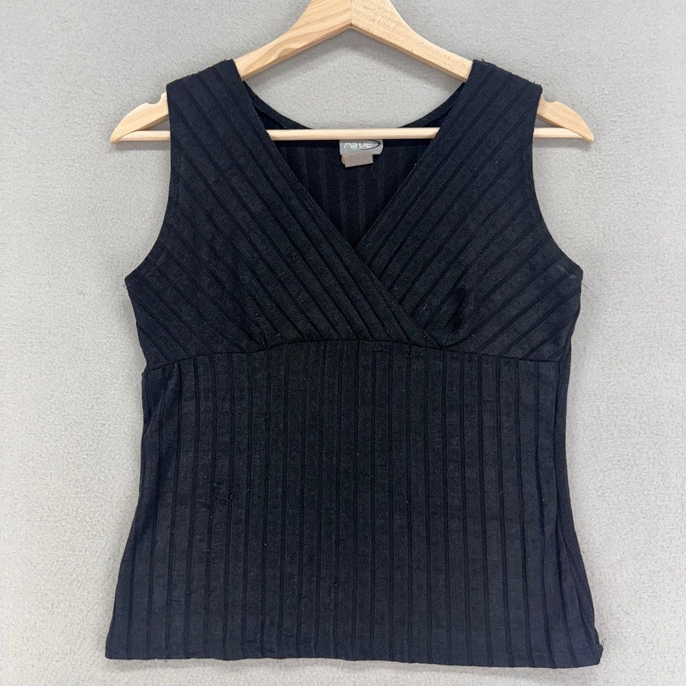 VTG Y2K Rave‎ Babydoll Tank Top Blouse Womens M Black Ribbed Stretch Whimsigoth
